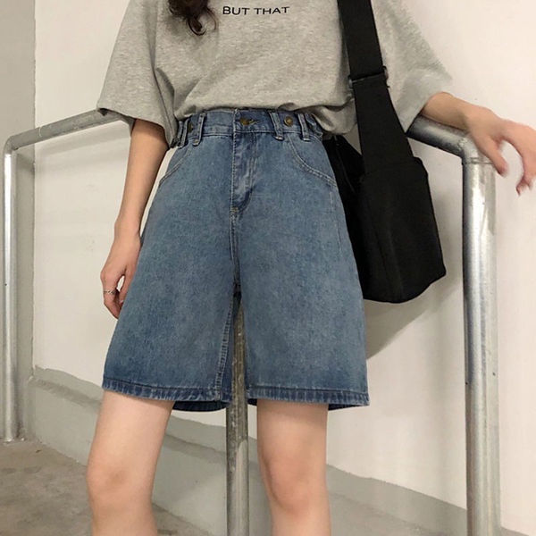Summer new Korean version of ins retro high waist straight denim shorts women loose Joker slim wide leg pants hot pants