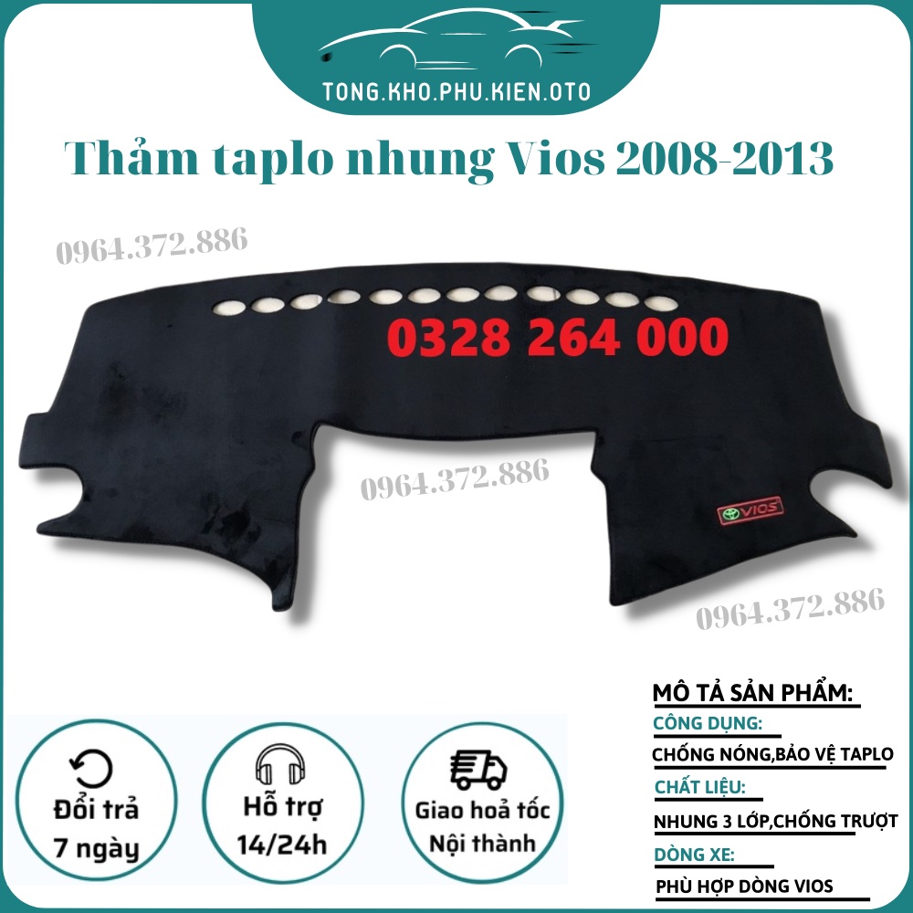 Thảm taplo xe Vios đời 2008- 2009 2010 2011 2012 2013 Mẫu nhung lông cừu, Mặt dưới có chống trượt