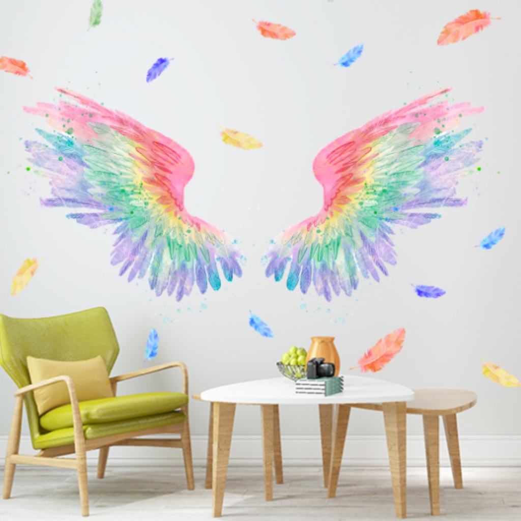 PNPK06_Tranh decal trang trí phòng khách/ phòng ngủ/ mầm non/ cửa hàng đôi cánh thiên thần đầy màu sắc