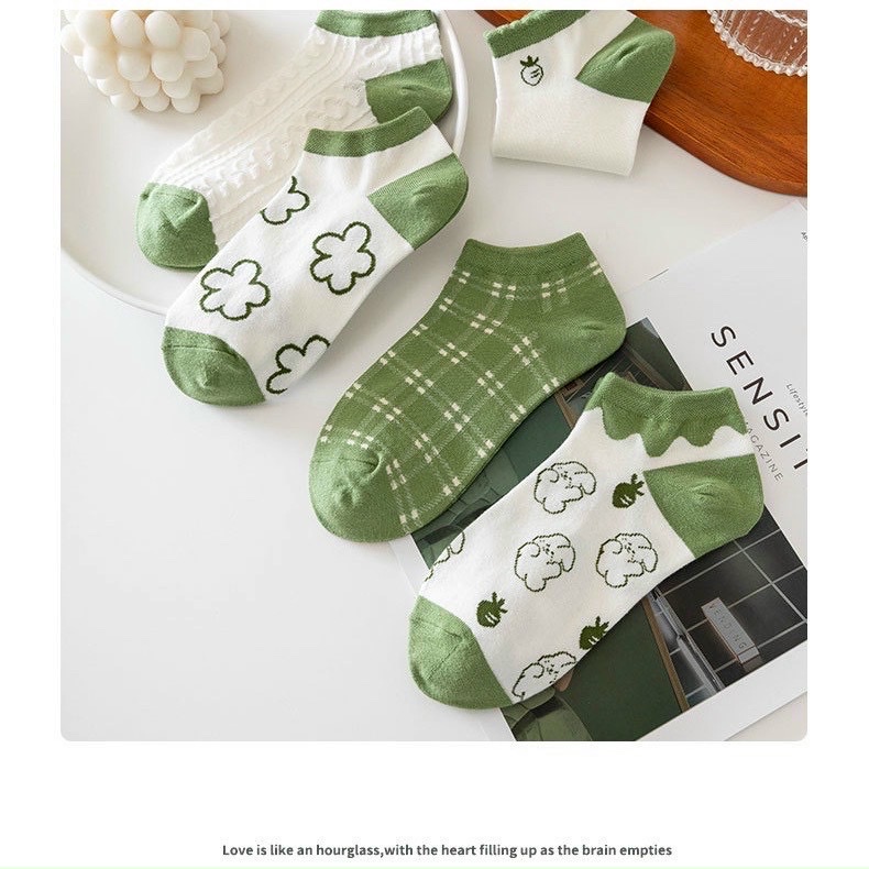 Set 5 đôi tất vớ vải cotton siêu bền cổ ngắn màu xanh bơ dễ thương xinh xắn ( kèm túi zip )