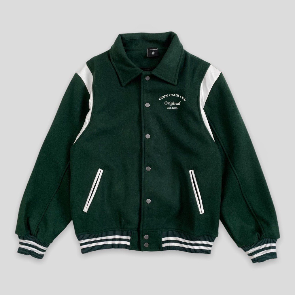 Áo khoác bomber thể thao nam nữ unisex- áo khoác bóng chày varsity cổ bẻ màu xanh lá chất dạ 2 lớp dày thêu chữ hàn quốc