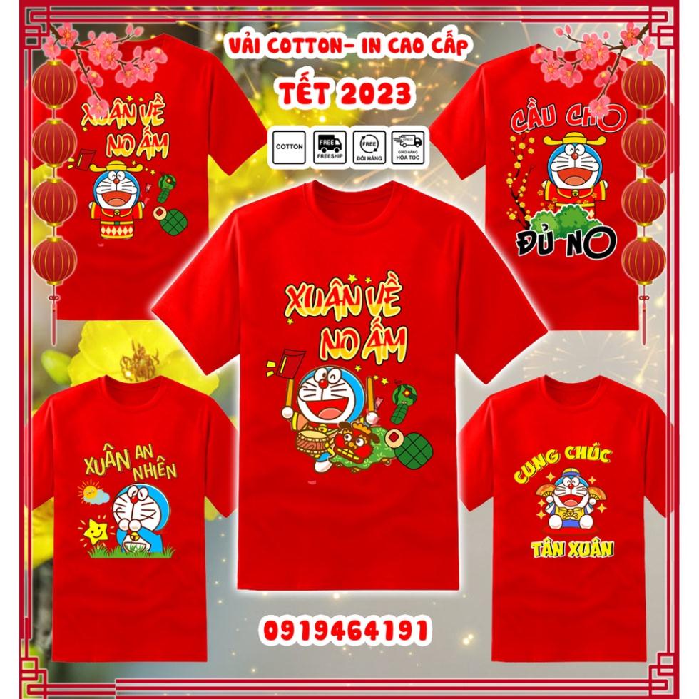 Áo thun doraemon tết quý mão 2023 màu đỏ, áo thun tết con mèo doraemon, vải dày mịn mát, in cao cấp - Có size trẻ em