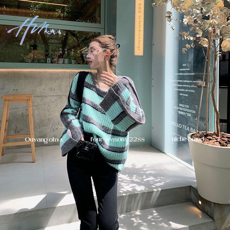 Áo Sweater Dệt Kim Kẻ Sọc Dáng Rộng Thời Trang Mùa Thu Cho Nữ