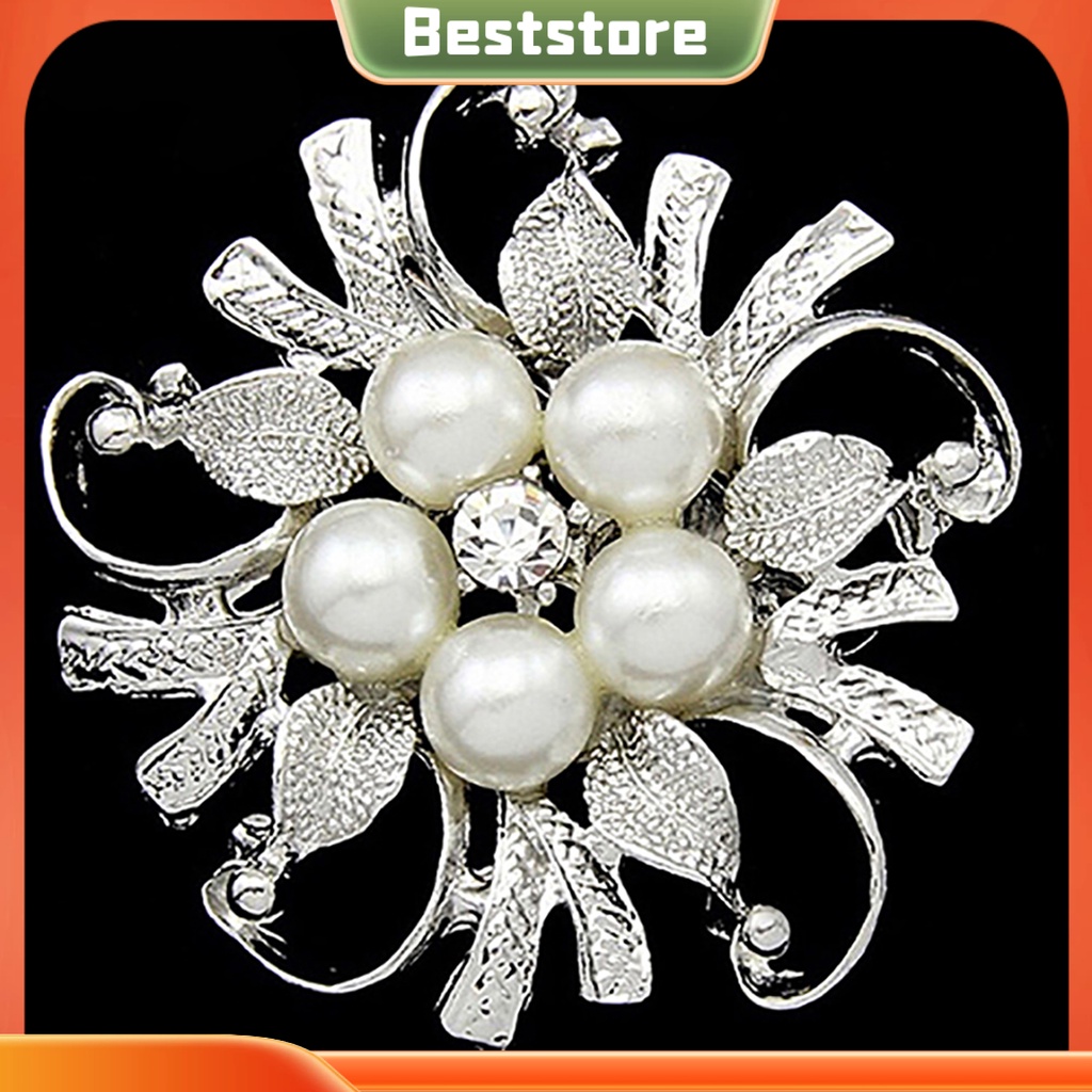 Ghim cài áo bằng kim loại thiết kế hình bông hoa đính đá và ngọc trai giả xinh xắn