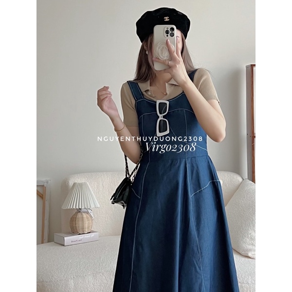 VÁY YẾM DENIM VIỀN CHỈ CHUN LƯNG STYLE ULZZANG 0403 | BigBuy360 - bigbuy360.vn