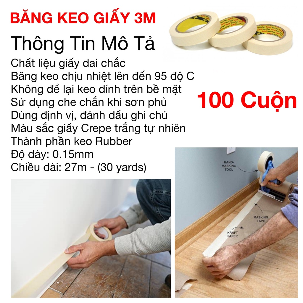 Băng keo giấy 3M dùng che sơn khổ 1,5cm dài 27m Masking Tape 3M
