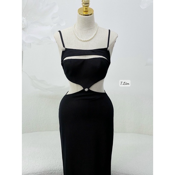 Đầm body hai dây khoét eo đính tag đá sexy