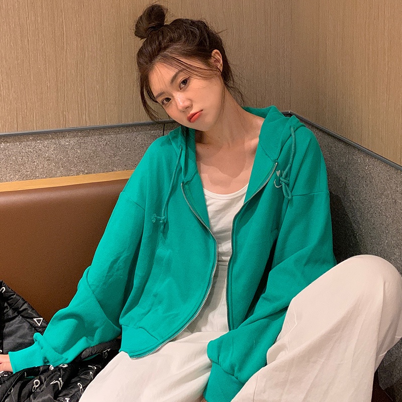 Áo khoác hoodie thể thao SUXI tay dài dáng rộng thêu họa tiết xinh xắn dễ phối đồ thời trang xuân thu cho nữ