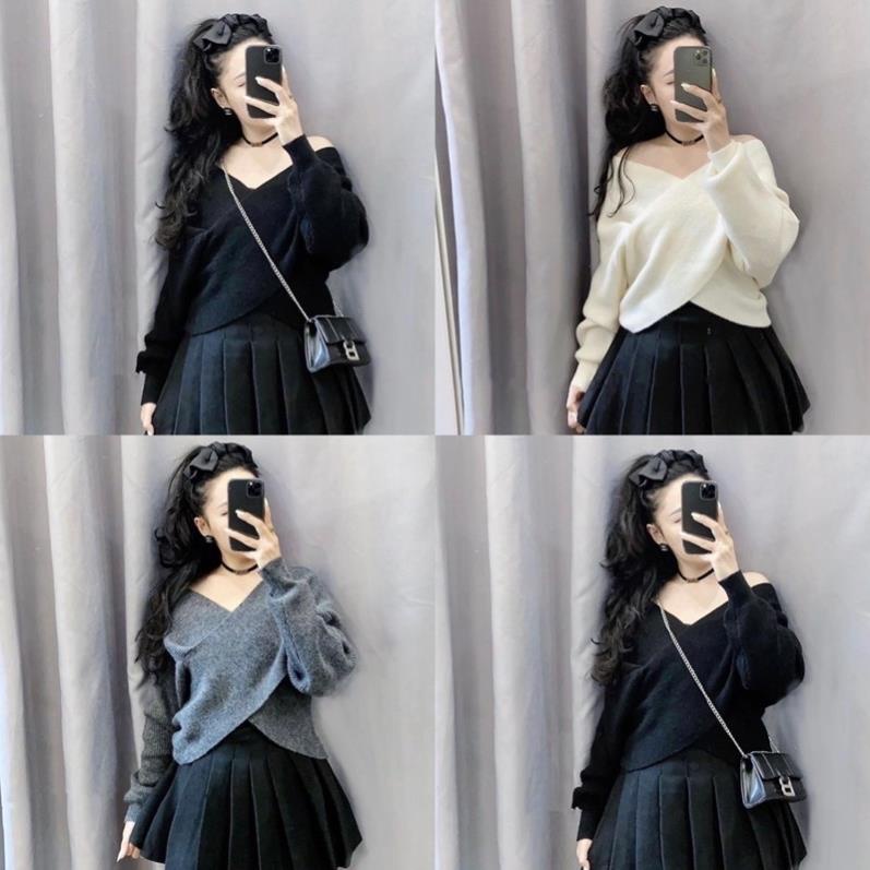 Áo len xoắn vạt chéo trễ vai sang chảnh chất len dày dặn Áo Sweater Trễ Vai