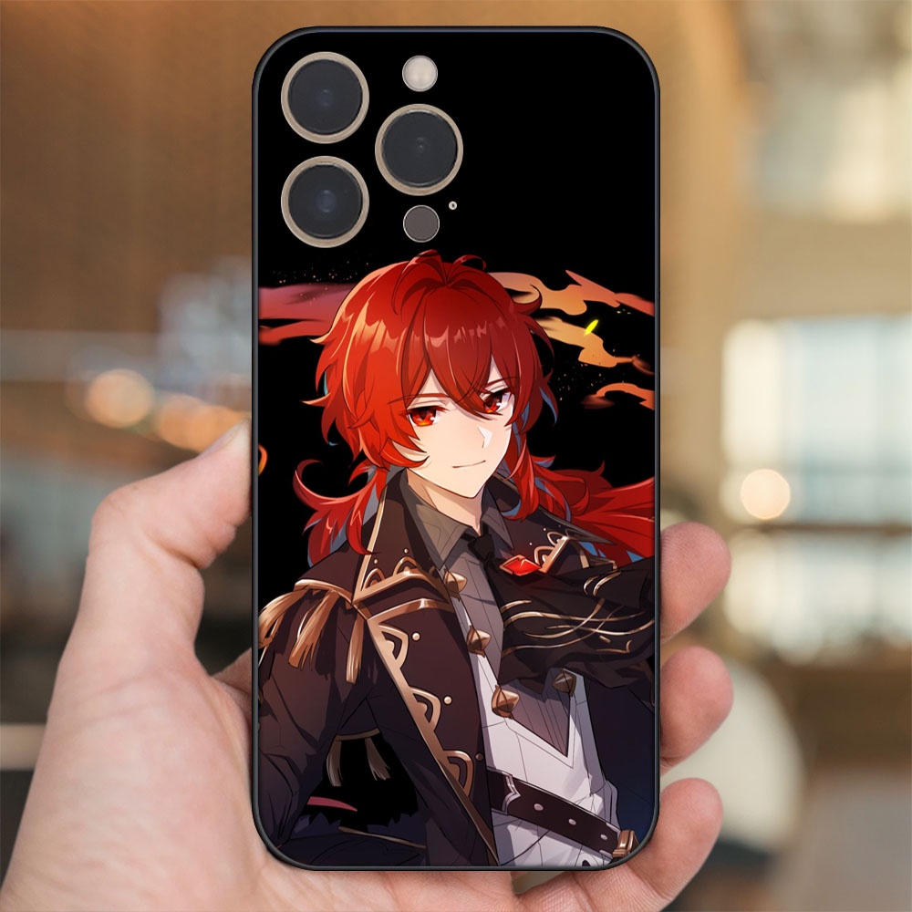 Ốp lưng iPhone 14 Pro dẻo đen cạnh vuông in hình Diluc Genshin Impact