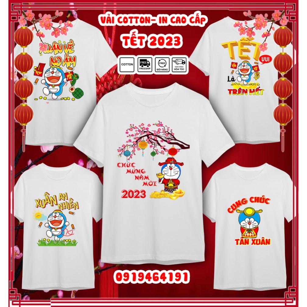 Áo thun doraemon tết quý mão 2023, áo thun tết con mèo doraemon, vải dày mịn mát, in cao cấp - Có size trẻ em
