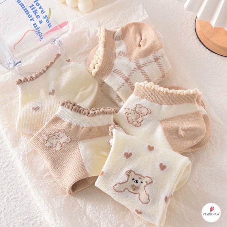 TÚI 10 ĐÔI TẤT GẤU CUTE CỔ BÈO SIÊU ĐẸP