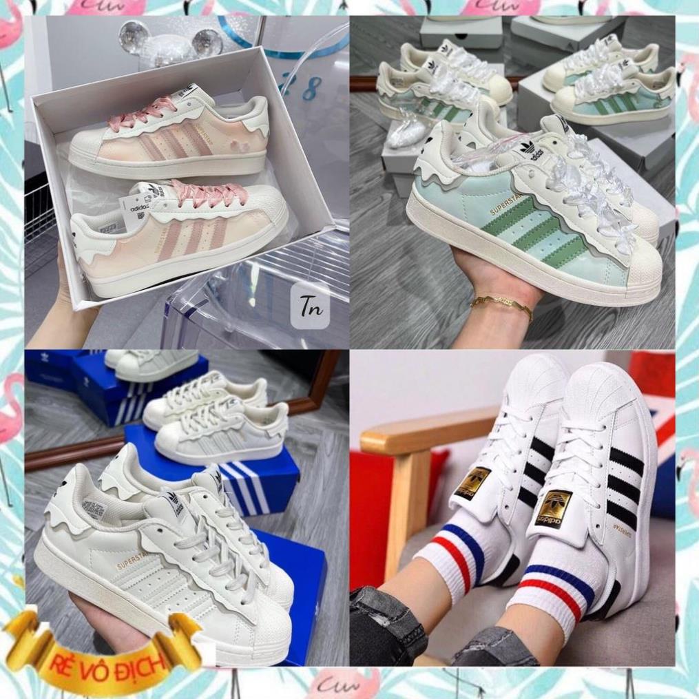 Giày thể thao adidas superstar hồng + xanh kem trắng, giầy das sò 3 sọc hồng, xanh nữ cực chất hot trend 2022
