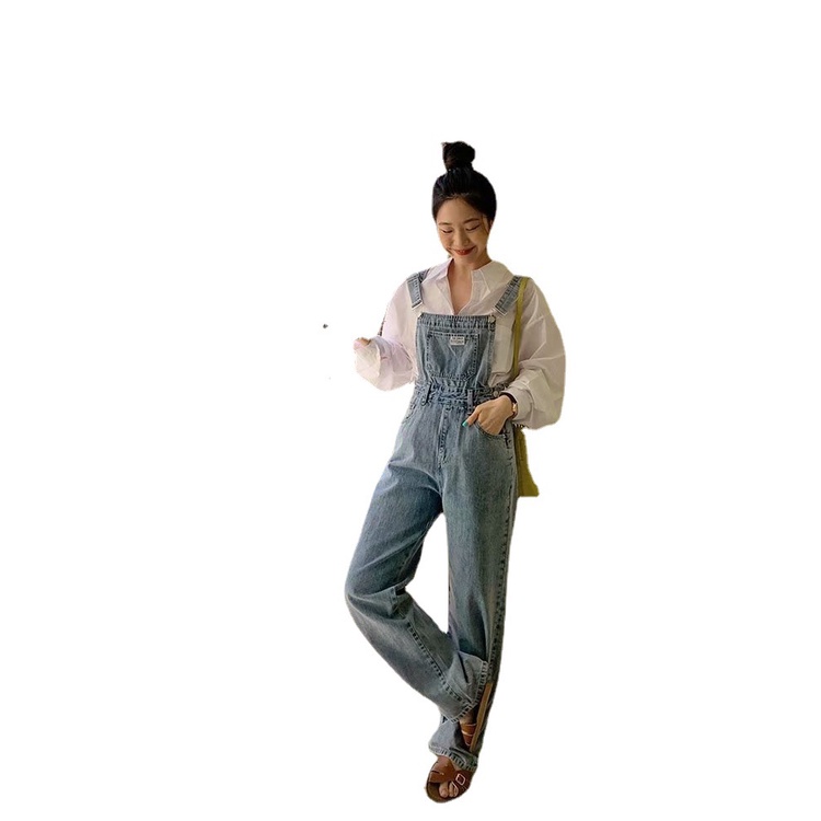Quần Yếm Denim Xanh Nhạt Dáng Rộng Lưng Cao Phong Cách Hàn Quốc Cổ Điển Thời Trang Mùa Xuân Mới Cho Yếm quần Nữ