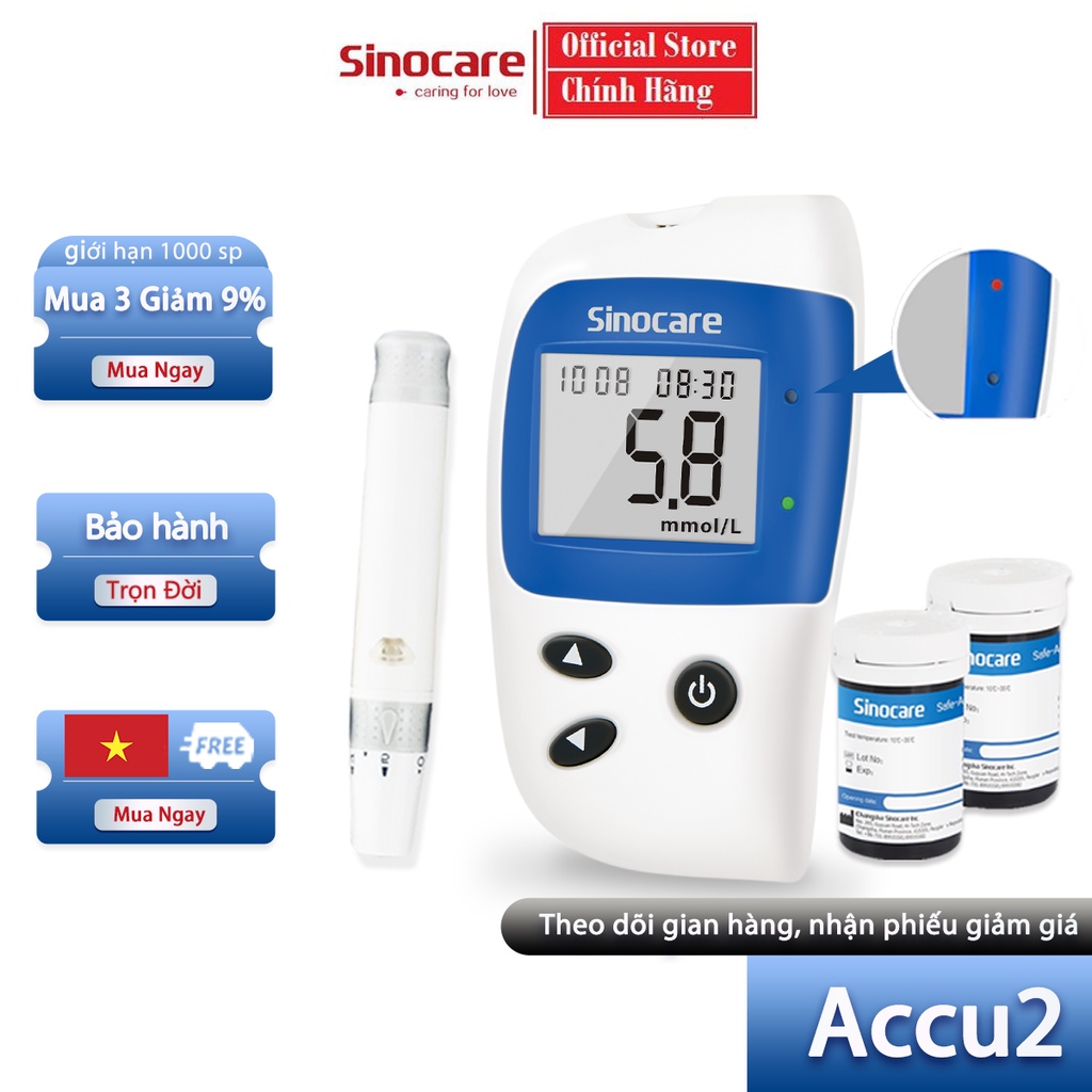 Máy Đo Đường Huyết Safe Accu 2 Chính Hãng Sinocare Tặng Kèm 50 Que Và 50 Kim