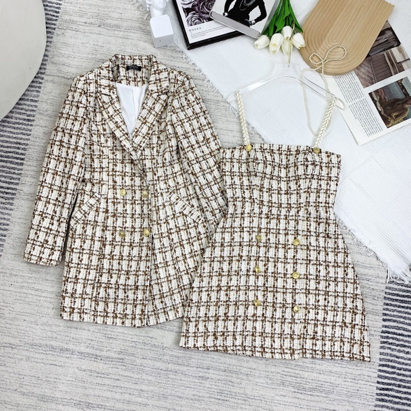 SÉT DẠ TWEED VÁY 2 DÂY KÈM ÁO VEST DÁNG DÀI