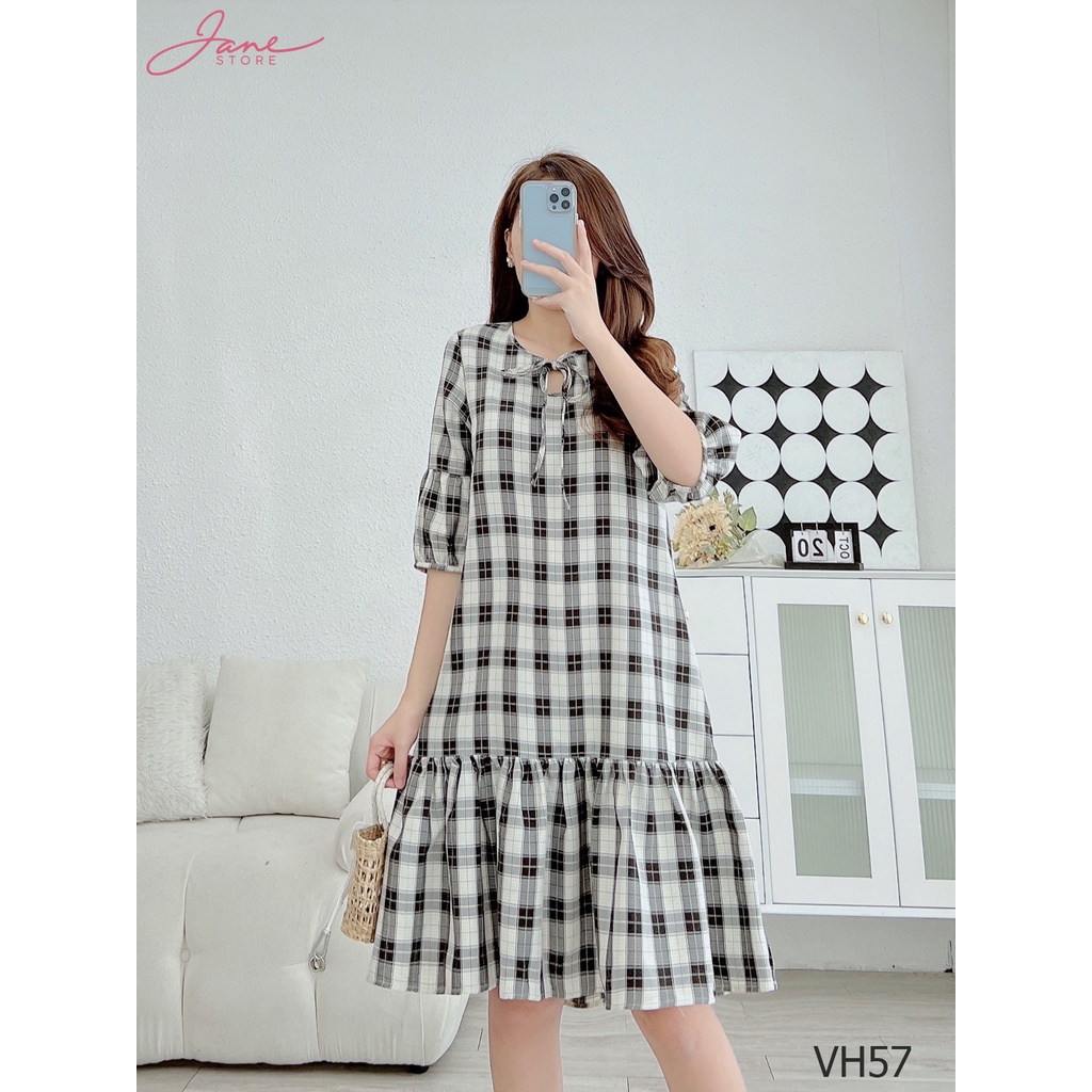 Váy Bady doll kẻ sọc trắng đen tay nỡ váy suông nữ tính VH57