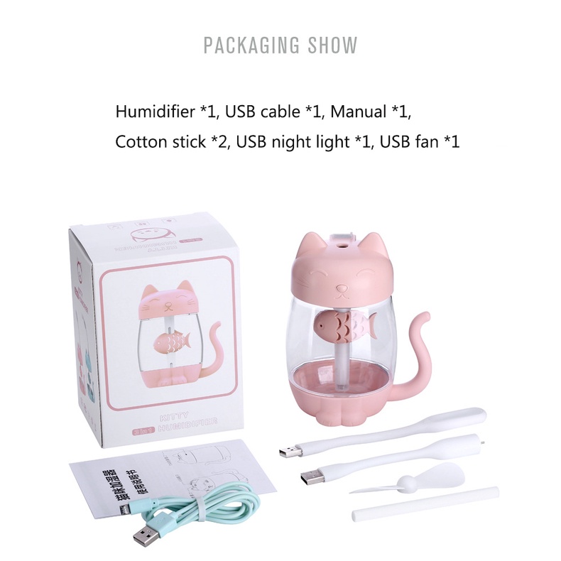 Máy khuếch tán tinh dầu Tạo Độ Ẩm Mini 3 Trong 1 Hình Chú Mèo Dễ Thương 7 Màu Tùy Chọn Kèm Quạt USB Và Đèn Tiện Dụng