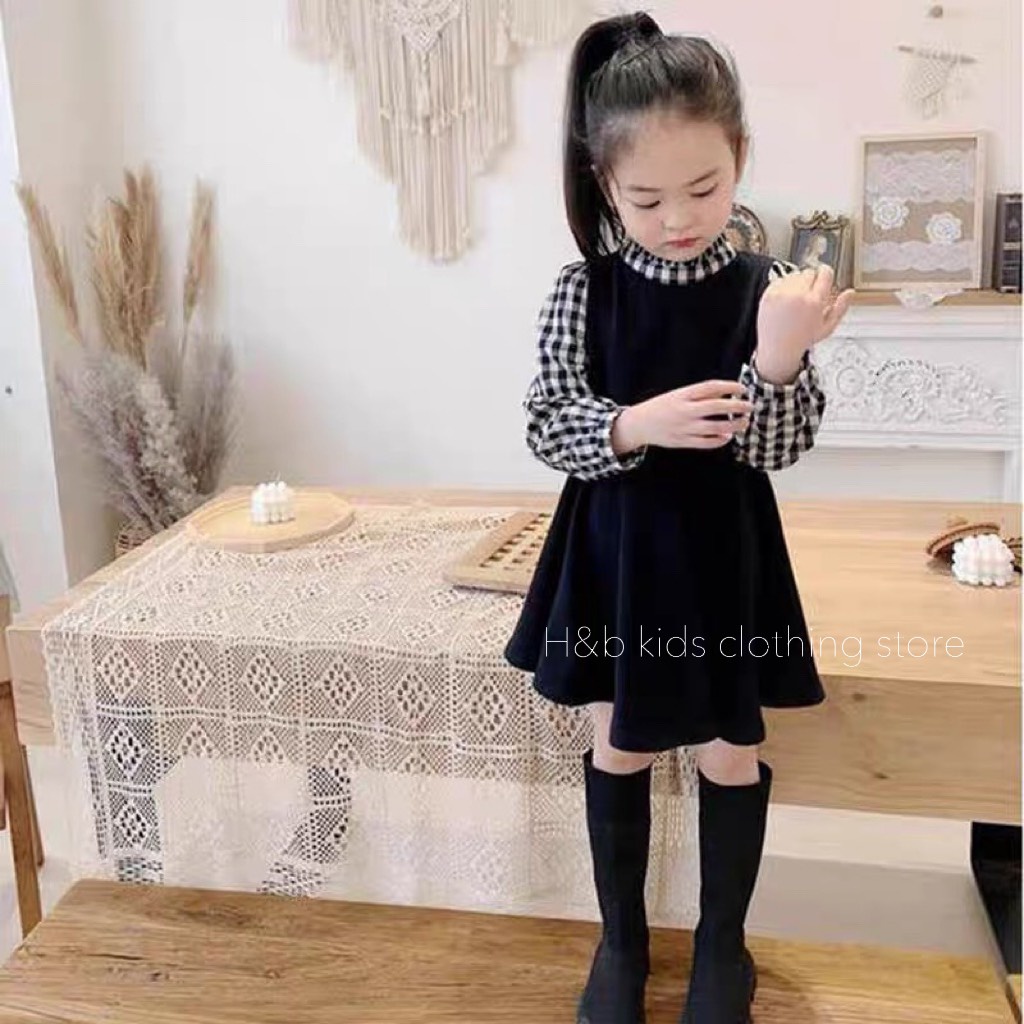 Đầm bé gái, váy baby doll dài tay chất thô mềm mát, họa tiết kẻ caro cho bé gái đi học, đi chơi