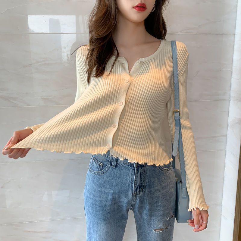 O cadigan N O len D - I tay N Áo Khoác Cardigan Dệt Kim Mỏng Ngắn Mùa Xuân Thu Với Nấm Viền