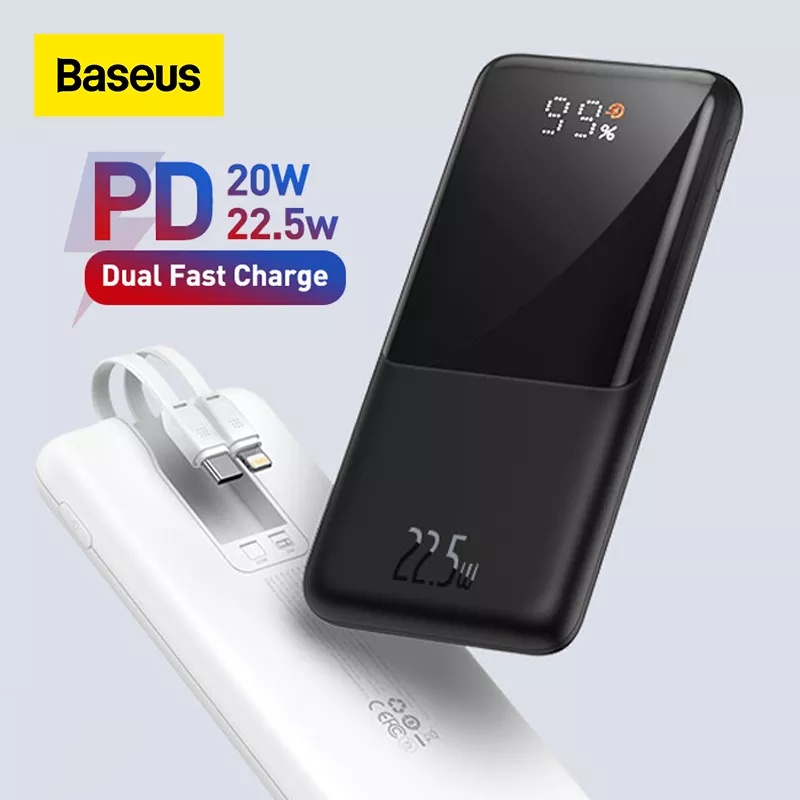 Sạc Dự Phòng Baseus 22.5W Power Bank 10000MAh Với 5A 20W PD Tích Hợp 2 Dây Cáp cho iPhone 12Pro Huawei Samsung Xiaomi