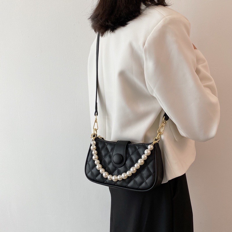 Túi Xách Nữ Đẹp Trần Trám Khoá Lắp Cúc Kèm Dây Ngọc, Đeo Chéo Đeo Vai Phong Cách Trẻ Trung