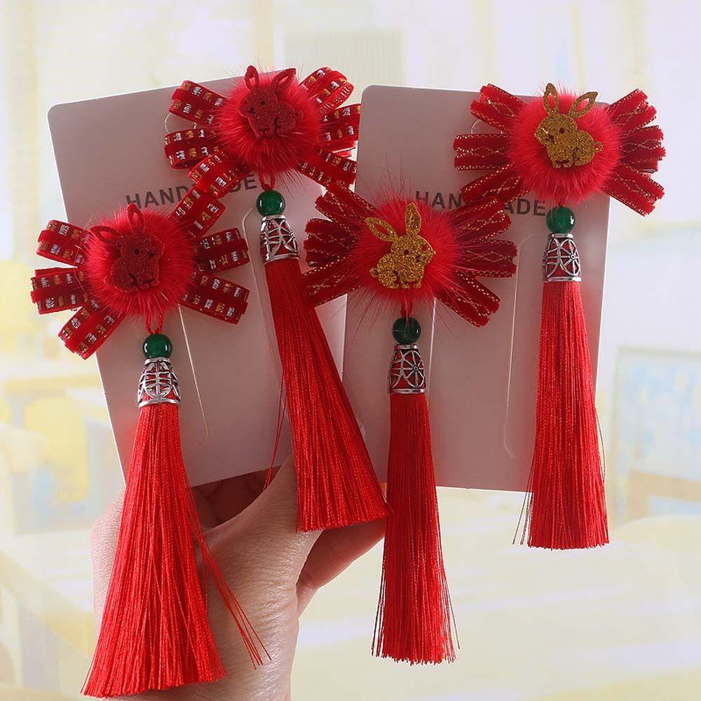 Kẹp Tóc Tua Rua Hình Quạt Thắt Nơ Phong Cách Truyền Thống Trung Hoa Mừng Năm Mới Dành Cho Trẻ Em