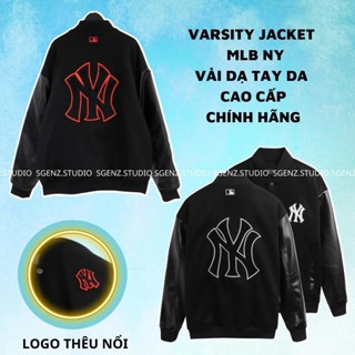 Áo varsity jacket M.L.B NY dạ dày dặn phối tay da,Áo bomber dạ form rộng nam nữ