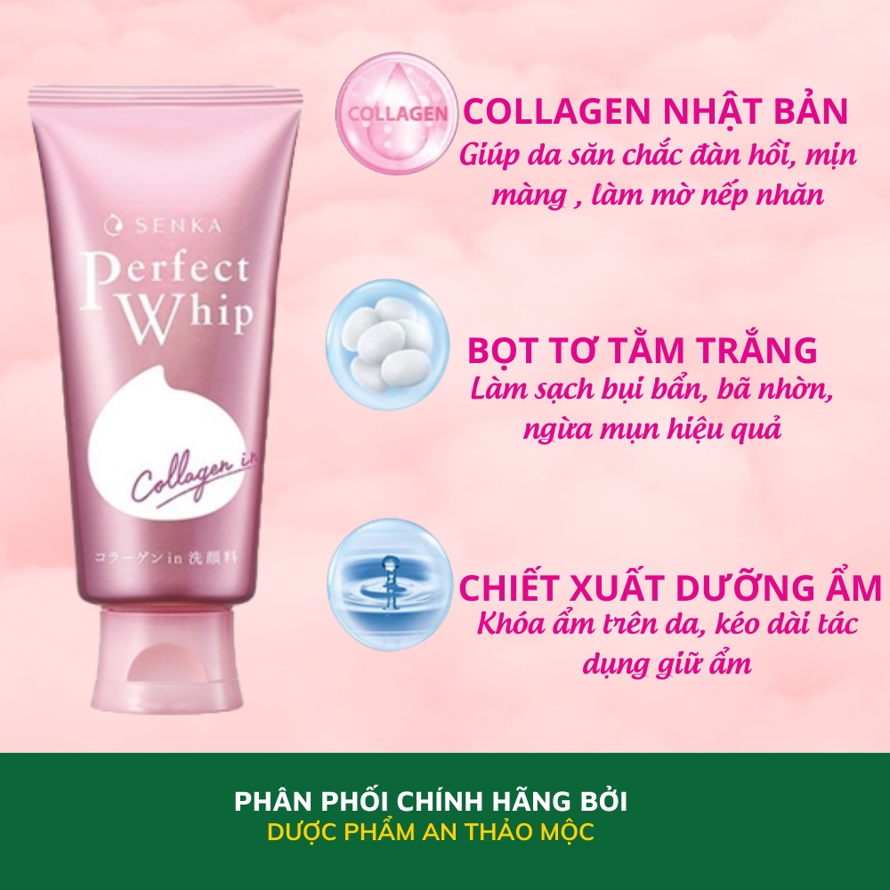 Sữa rửa mặt Senka Perfect Whip Collagen In giúp làm sạch bụi bẩn bã nhờn sạch sâu đàn hồi 120g.70231
