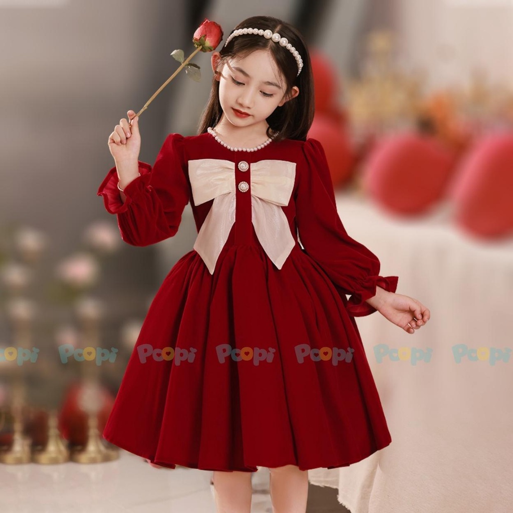 Váy Công Chúa Bé Gái Poopi Dáng Xòe Đính Nơ Xinh Vải Nhung Đỏ Cho Bé Đi Chơi Tết Dự Tiệc