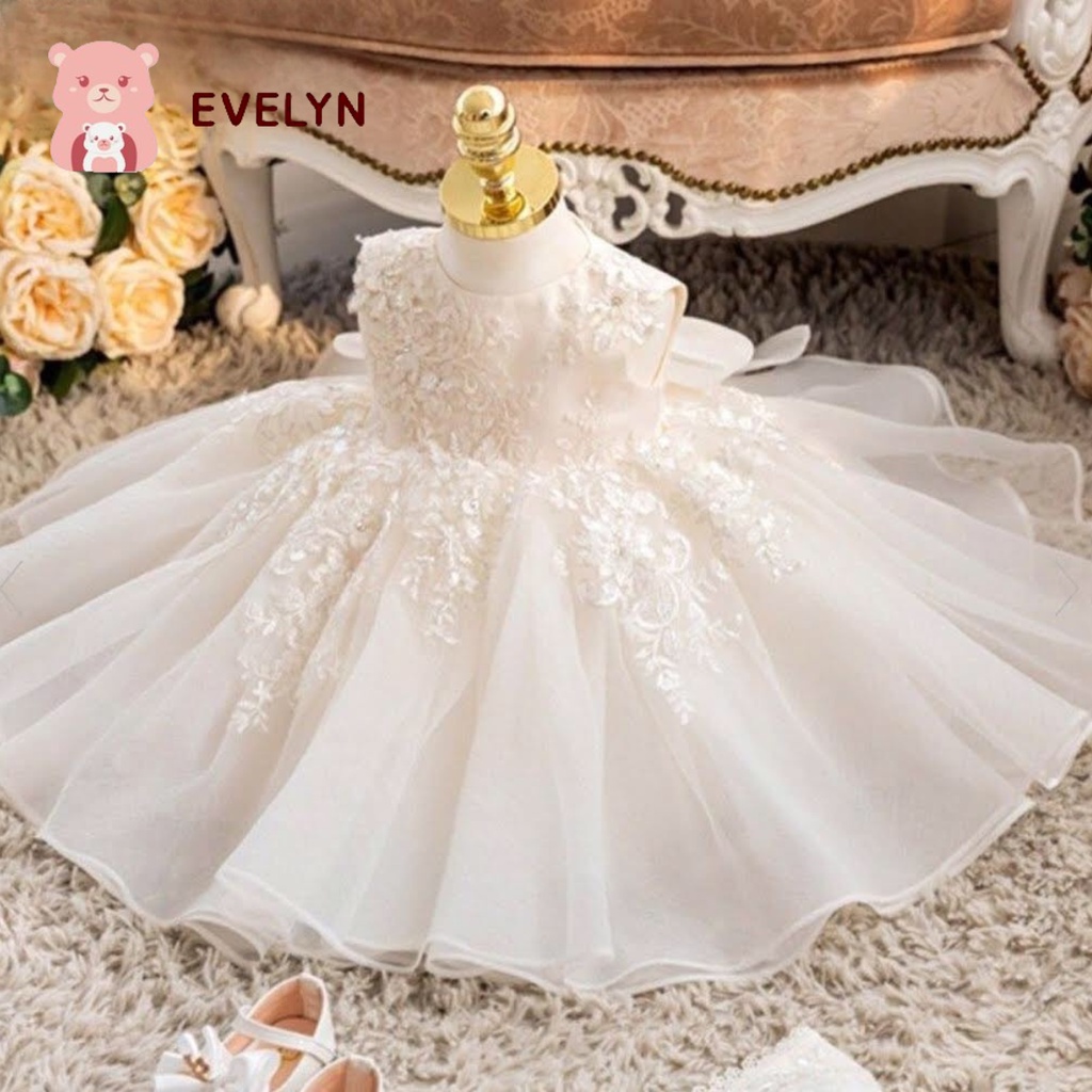 Đầm công chúa bé gái dự tiệc EVELYN tay sát nách vải voan đính ren sang trọng đủ size đại 6-45kg