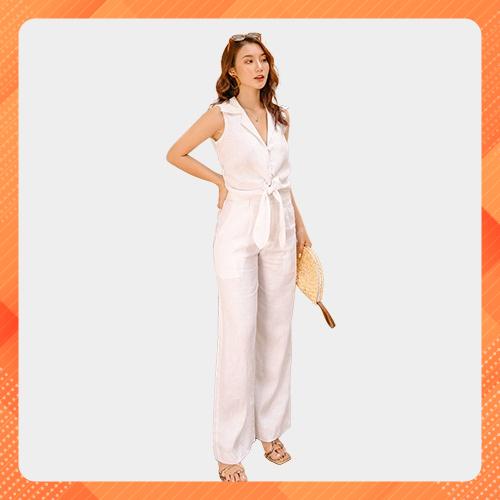 Áo sơ mi có cổ dáng crop nữ YV LE &amp; CO vải Linen màu trắng thanh lịch