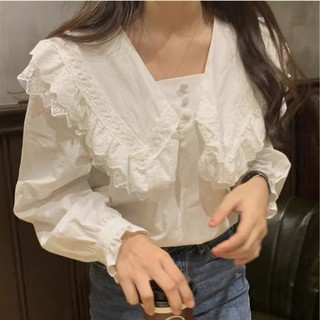 Áo sơ mi cổ bèo viền ren cúc bọc, áo kiểu Vintage