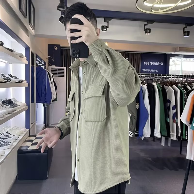 Áo khoác nam sơ mi form RỘNG dài tay chất nhung tăm, Áo khoác Sơ mi nam nữ có cổ phong cách Hàn Quốc N366