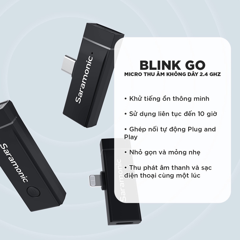Micro Thu Âm Không Dây Saramonic Blink Go - Chuyên Dùng Điện Thoại - Nhẹ, Nhỏ gọn - Bảo Hành Chính Hãng 24 Tháng