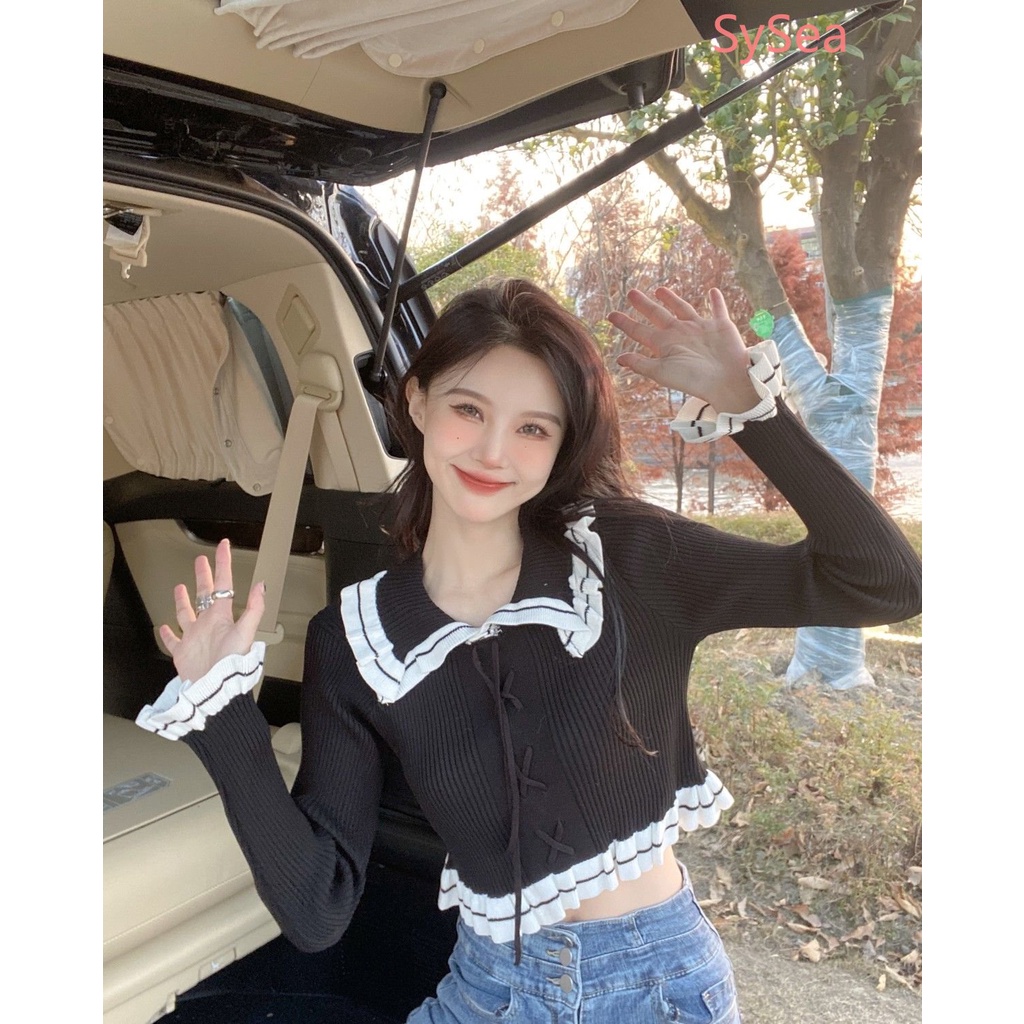 Áo Dệt Kim Phối Ren Dây Rút Thời Trang Mùa Thu Dành Cho Nữ