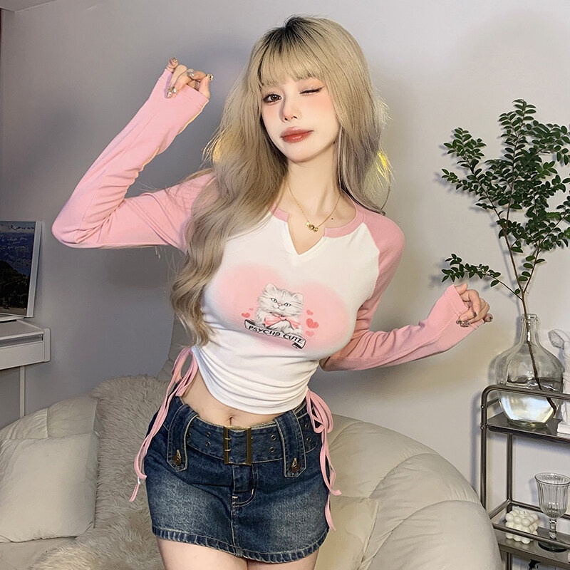 Kliou 2022 Mới Áo Croptop Tay Dài Cổ Chữ V Phối Dây Rút In Họa Tiết Mèo Dễ Thương Thời Trang Cho Nữ