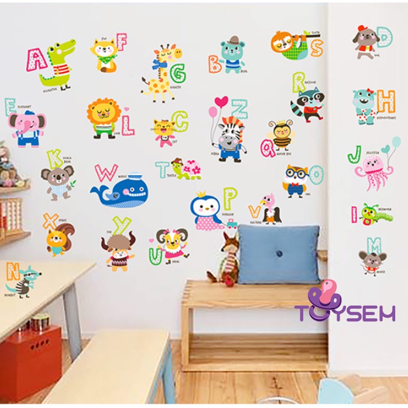 Decal trang trí dán tường gồm 26 chữ cái và các con vật cho bé - quà tặng sinh nhật cho bé
