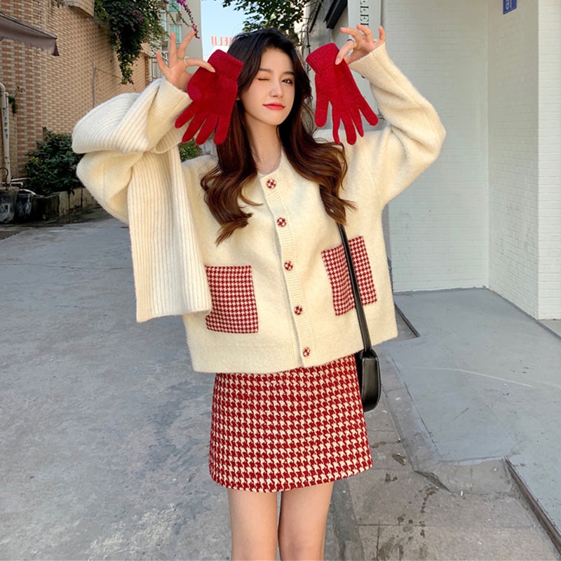 Hàng Ngàn Chú Chim Kiểm Tra Áo Khoác cardigan Dệt Kim Ngắn Phiên Bản Hàn Quốc Mùa Thu Mới Màu Mơ