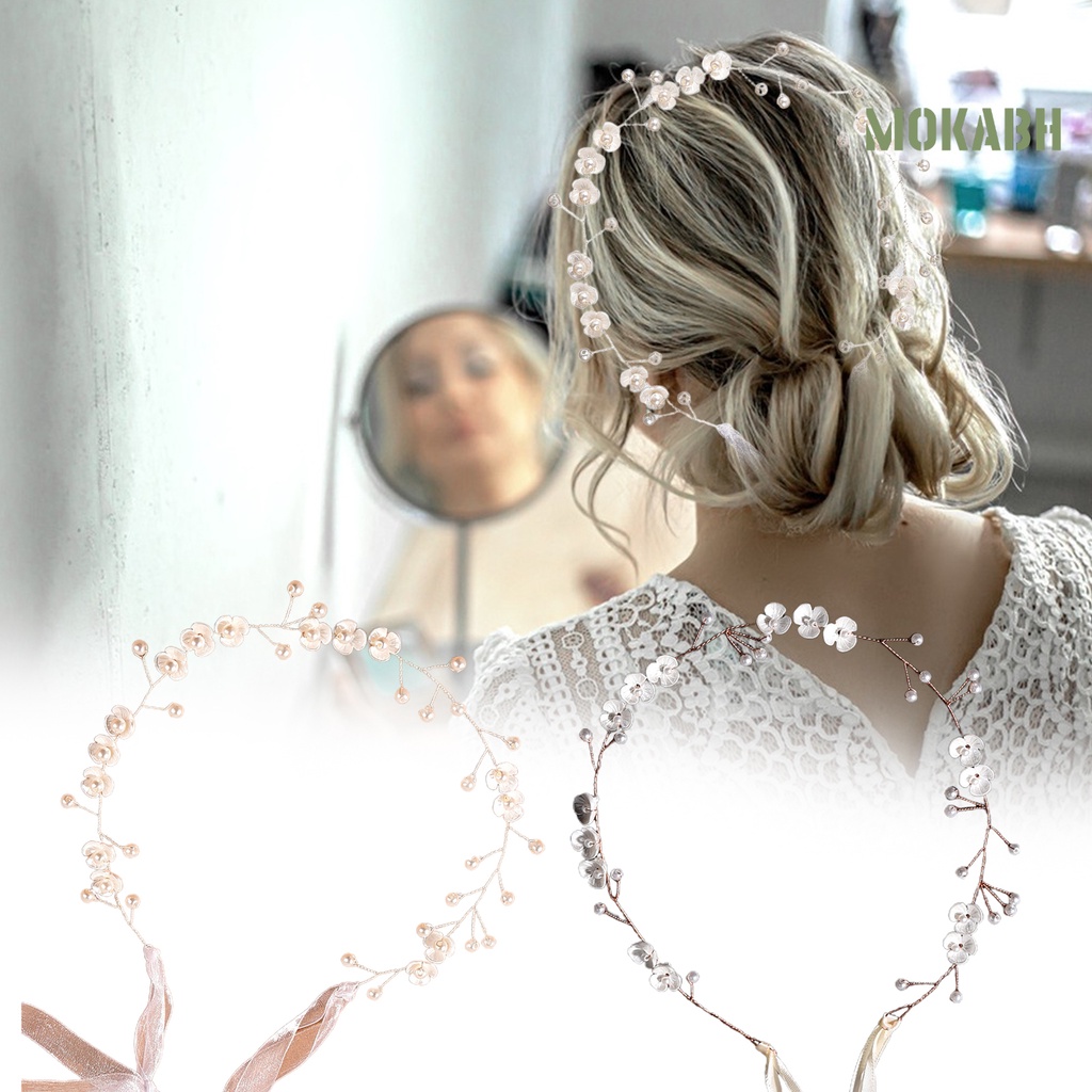 Cài Tóc Ruy Băng Đính Hoa Ngọc Trai Giả Thanh Lịch Cho Cô Dâu