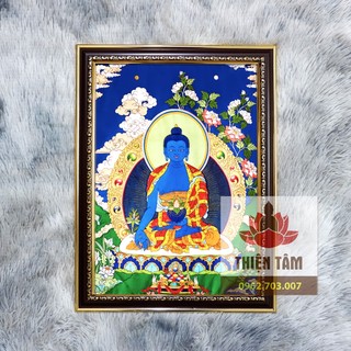 Tranh Mật Tông Thangka Phật Dược Sư treo tường 36x48cm bằng vải phủ bóng, khung composite xịn xò