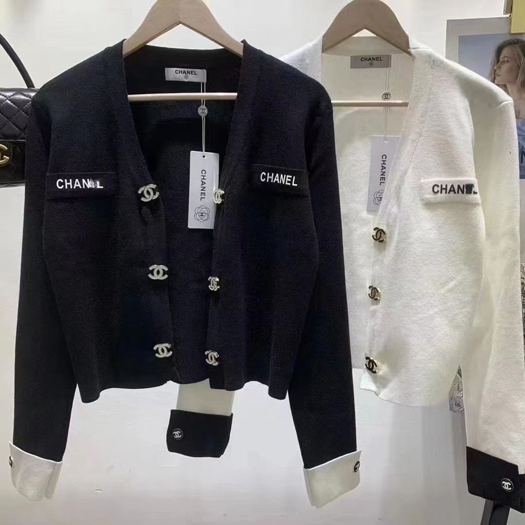 Áo Khoác Cardigan Dệt Kim Cổ Chữ V Phối Hai Hàng Nút Kim Loại Màu Sắc Tương Phản Phong Cách Thời Trang Dành Cho Nữ