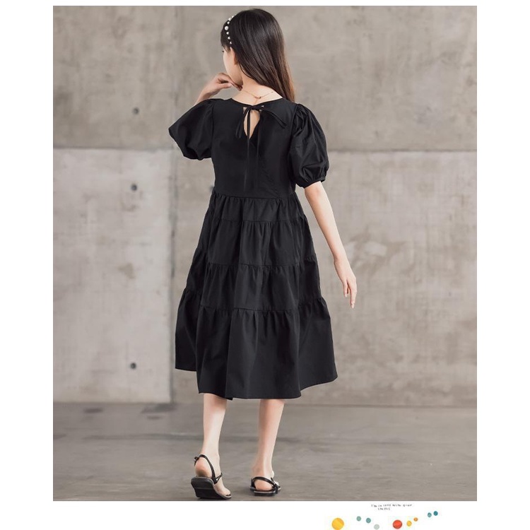 Đầm Dài Qua Gối Tay Phồng Màu Trắng Đen Phong Cách Hàn Quốc Cho Bé Gái Z4