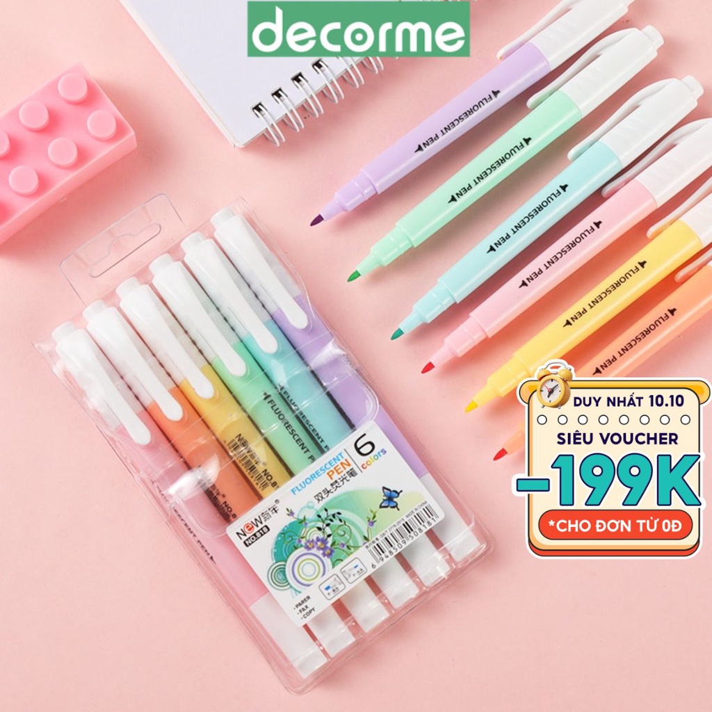 Bút highlight pastel 2 đầu DecorMe bút nhớ trang trí sổ bản dupe Stabilo set 6 bút