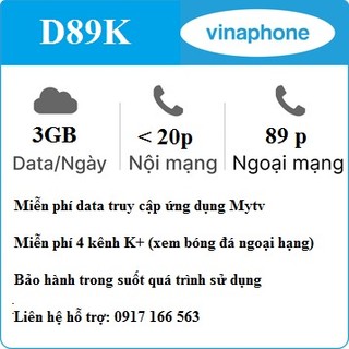 Sim vina lên mạng d89k - 3gb/ ngày, hỗ trợ xem k+ trên điện thoại