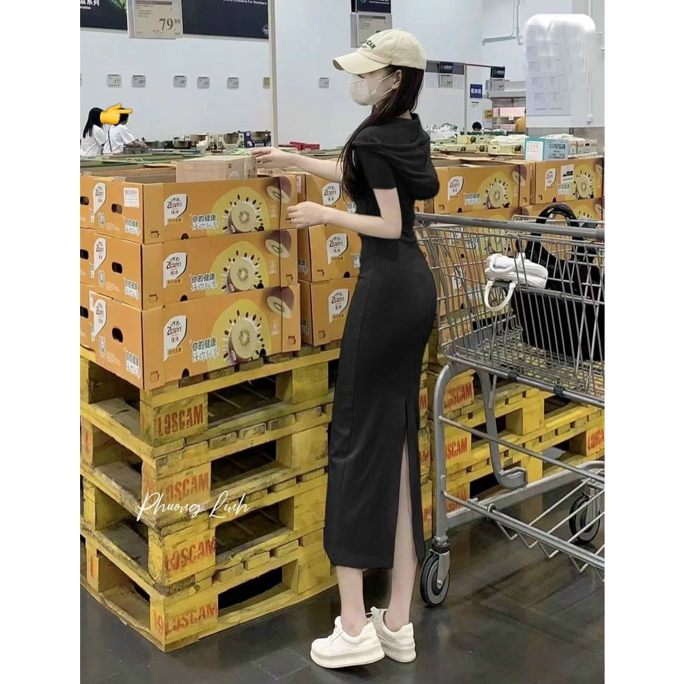 Đầm body nữ dáng dài midi kiểu xẽ tà thun gân phối dây kéo có nón hot