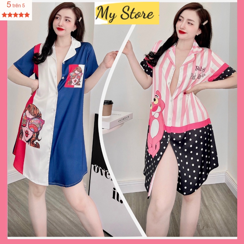 Đầm ngủ suông form rộng, chất vải lụa latin in 3D mềm mịn mát - Freesize dưới 67kg