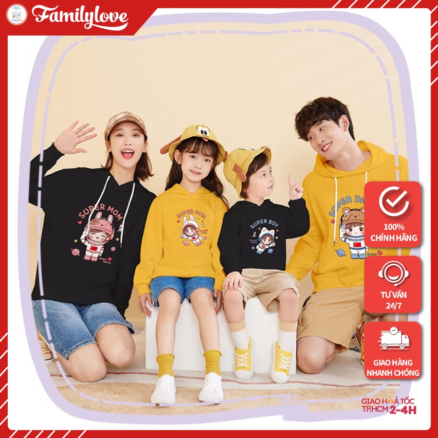 Áo Hoodie Gia Đình Familylove- Mẫu Áo Gia Đình Chibi Phi Hành Gia Super Dad/mom/boy/girl Chất Nỉ Da Cá Cotton 100%