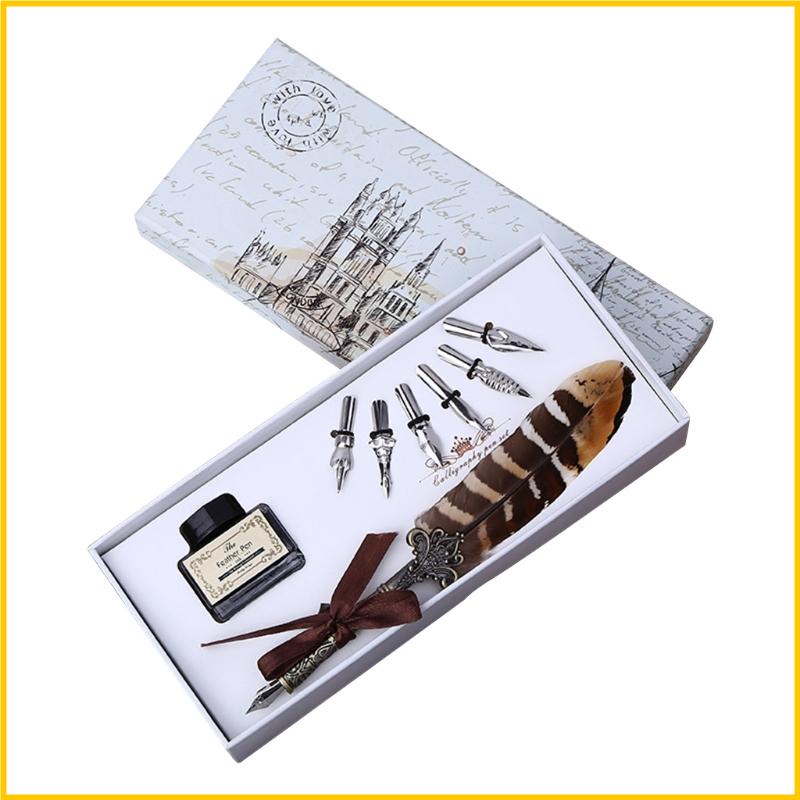Set Bút Máy 6 Ngòi Họa Tiết Lông Vũ Cổ Điển Cho Thư Pháp Làm Quà Tặng