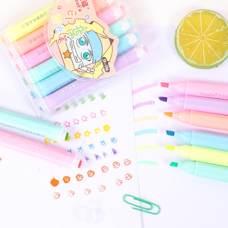 Set 6 Bút Bắt Sáng Màu Neon Kèm Con Dấu Tiện Dụng